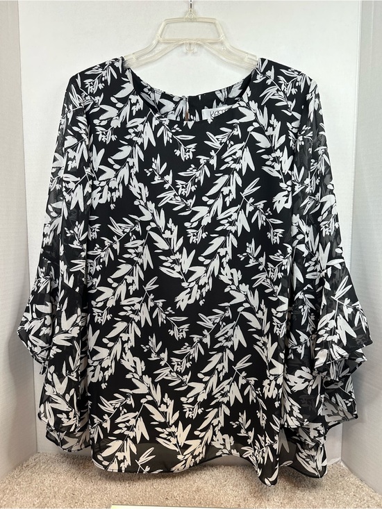 Kasper Tops - Kasper Black and White Botanical Print Blouse, Ruffle sleeves, size 2X, NWT